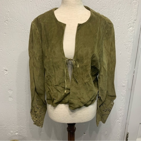 M Kalan Green Suede Leather Cardigan Jacket Large - Picture 2 of 9
